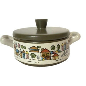 Vintage Country Village Personal Crock & Lid, Oven Proof Stoneware Casserole